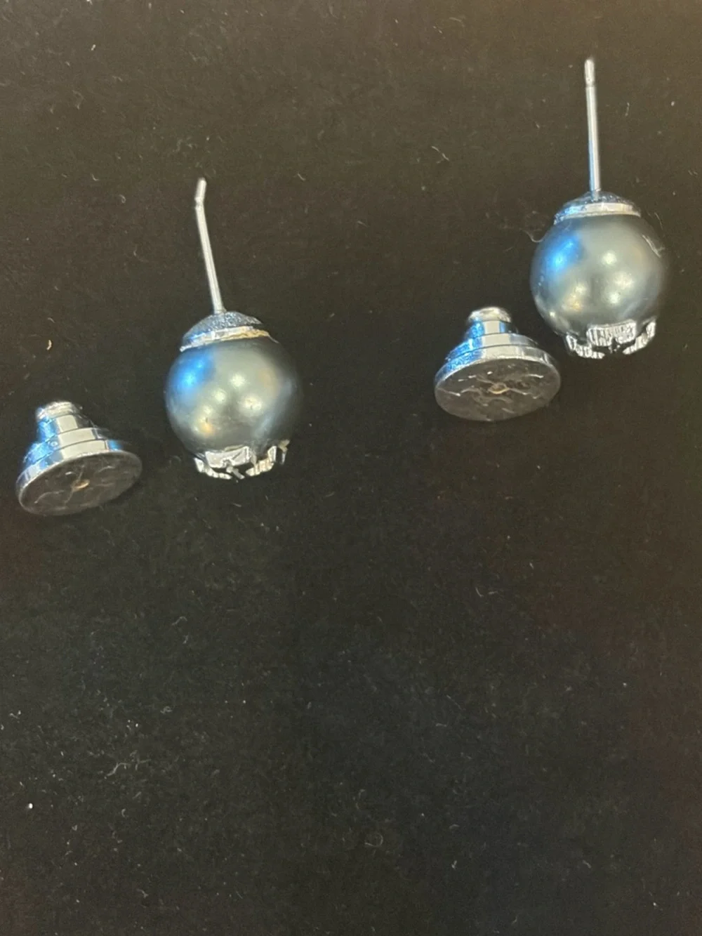 Tory Burch Iridescent Pearl and Silver Logo Double-Sided Stud Earrings - Picture 3 of 4